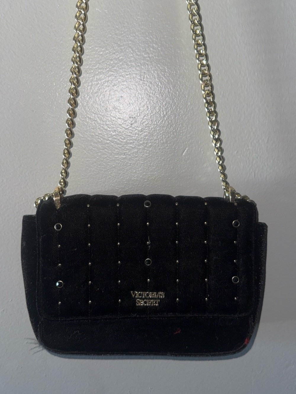 Victoria's Secret Black Quilted Velvet Shoulder Bag with Gold Chain